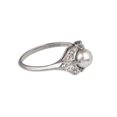 Art Deco Platinum, Akoya Pearl and Diamond Ring - Image 3
