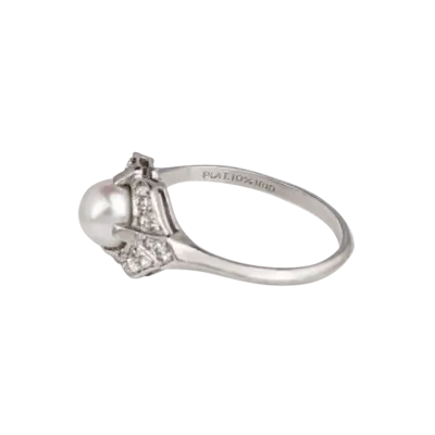 Art Deco Platinum, Akoya Pearl and Diamond Ring - Image 2
