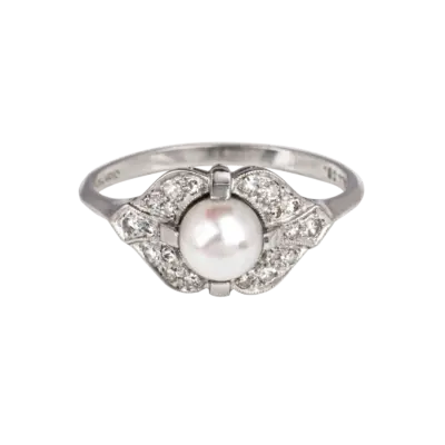 Art Deco Platinum, Akoya Pearl and Diamond Ring
