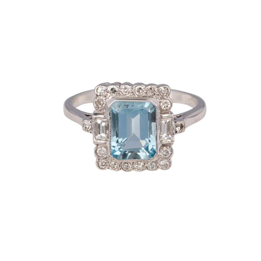 18ct White Gold Emerald Cut Aquamarine and Diamond Ring