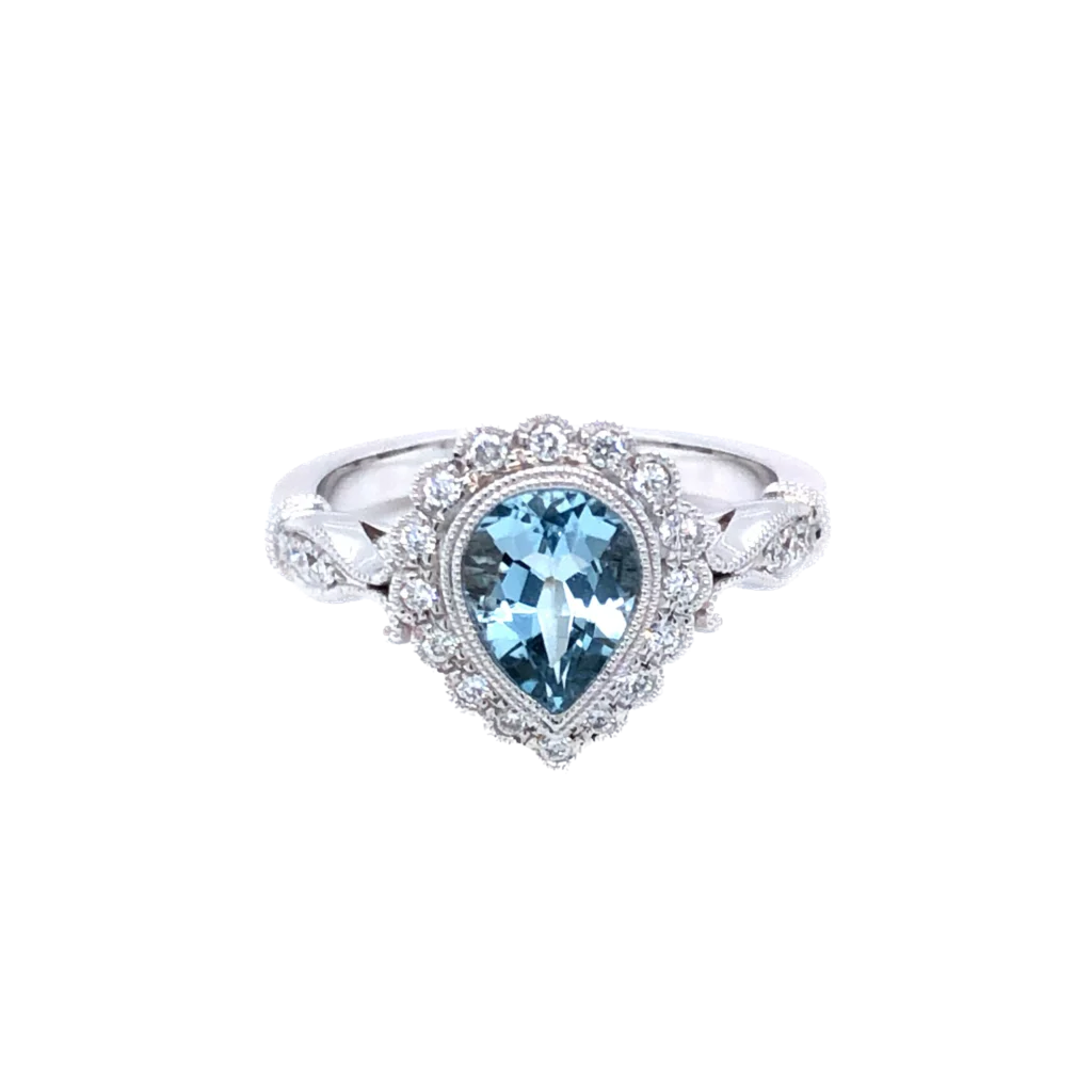9ct White Gold Diamond & Pear shape Aquamarine Halo Ring