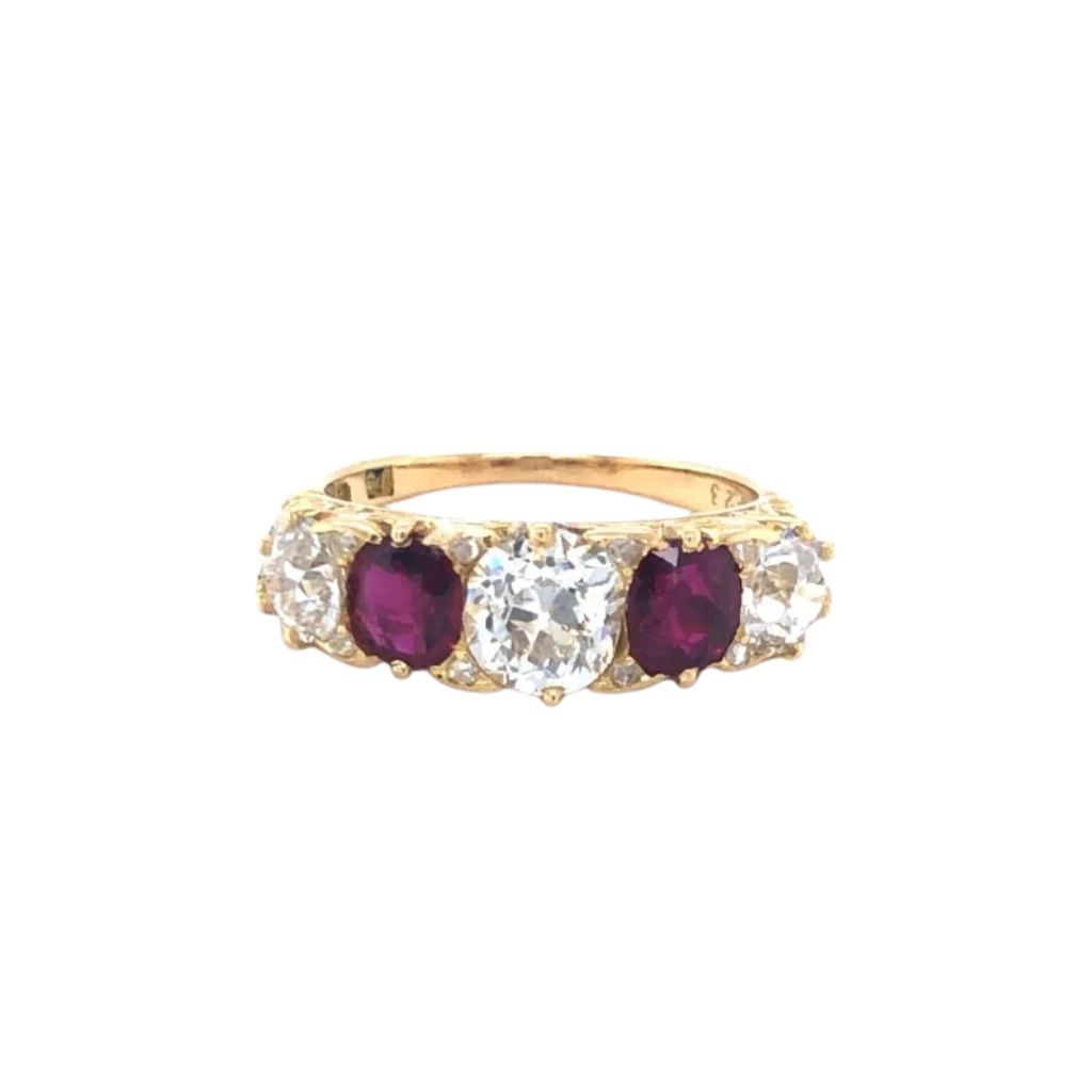 Victorian 18ct Early European cut Diamond and Ruby Carved 5 Stone Ring