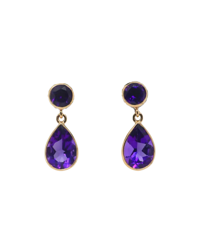 9ct Yellow Gold Amethyst Bezel Set Pear Shape Drop Earrings