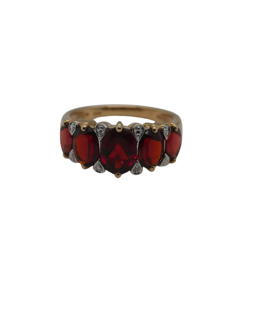 9ct Yellow Gold Mozambique Garnet & Diamond Half Hoop style Ring